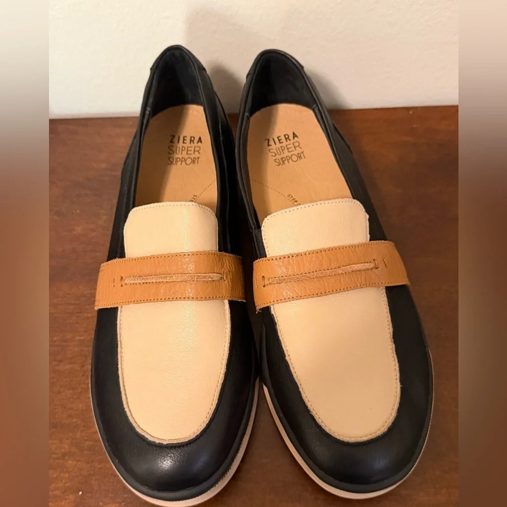 Ziera Aindrea-XF Women's Leather Loafers in Black/Cream/Tan - Picture 3 of 3